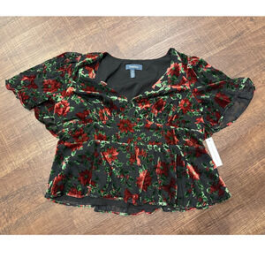 ModCloth Poinsettia and Bows Banded Flutter Sleeve Velour Sheer Top XS NWT